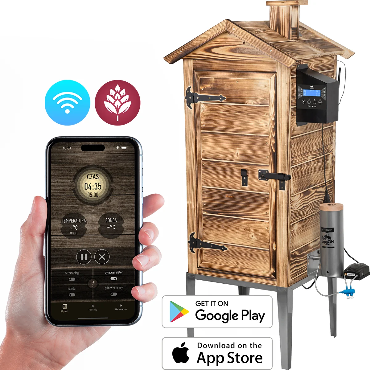Kūpinātava ar Wi‑Fi, 200 L – dragON WOOD 100IQ ar elektrisko sildīšanas moduli un vadības kontrolieri, kurināma ar malku