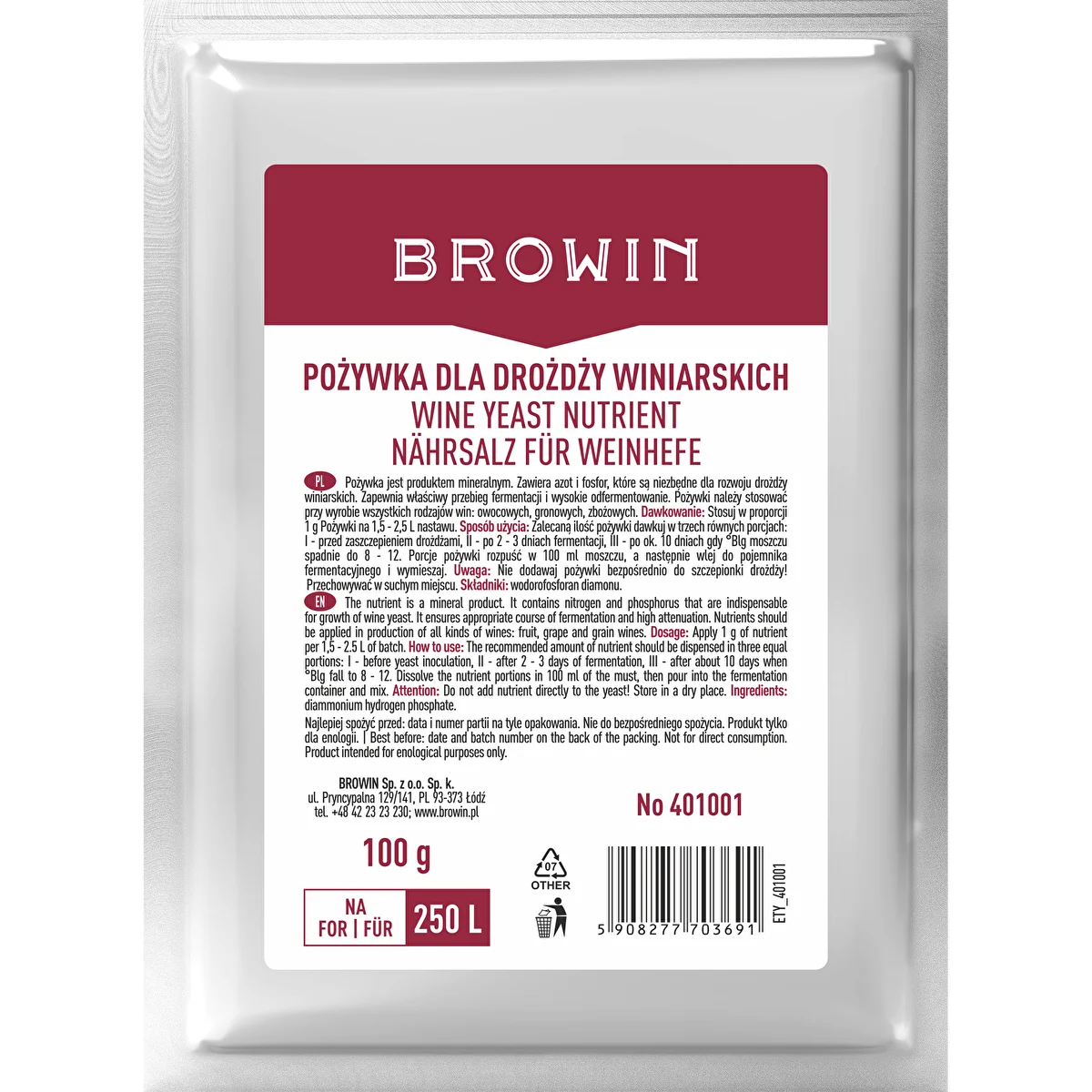 Barības viela vīna raugiem, 100 g