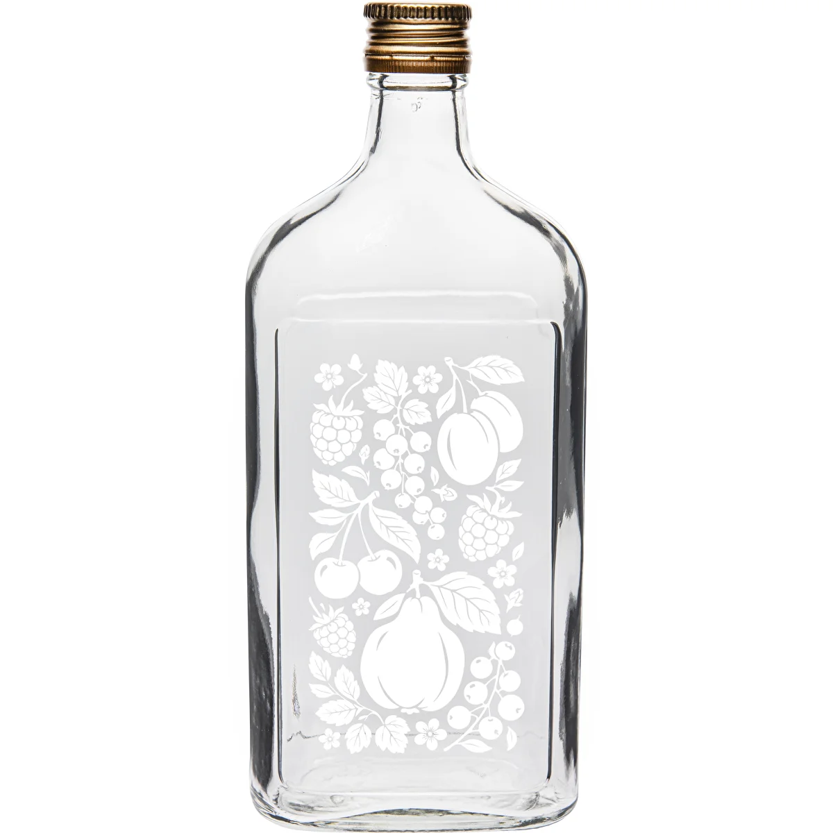 Plakana stikla pudele 500 ml ar skrūvējamu vāciņu un apdruku "Augļi", 2. variants