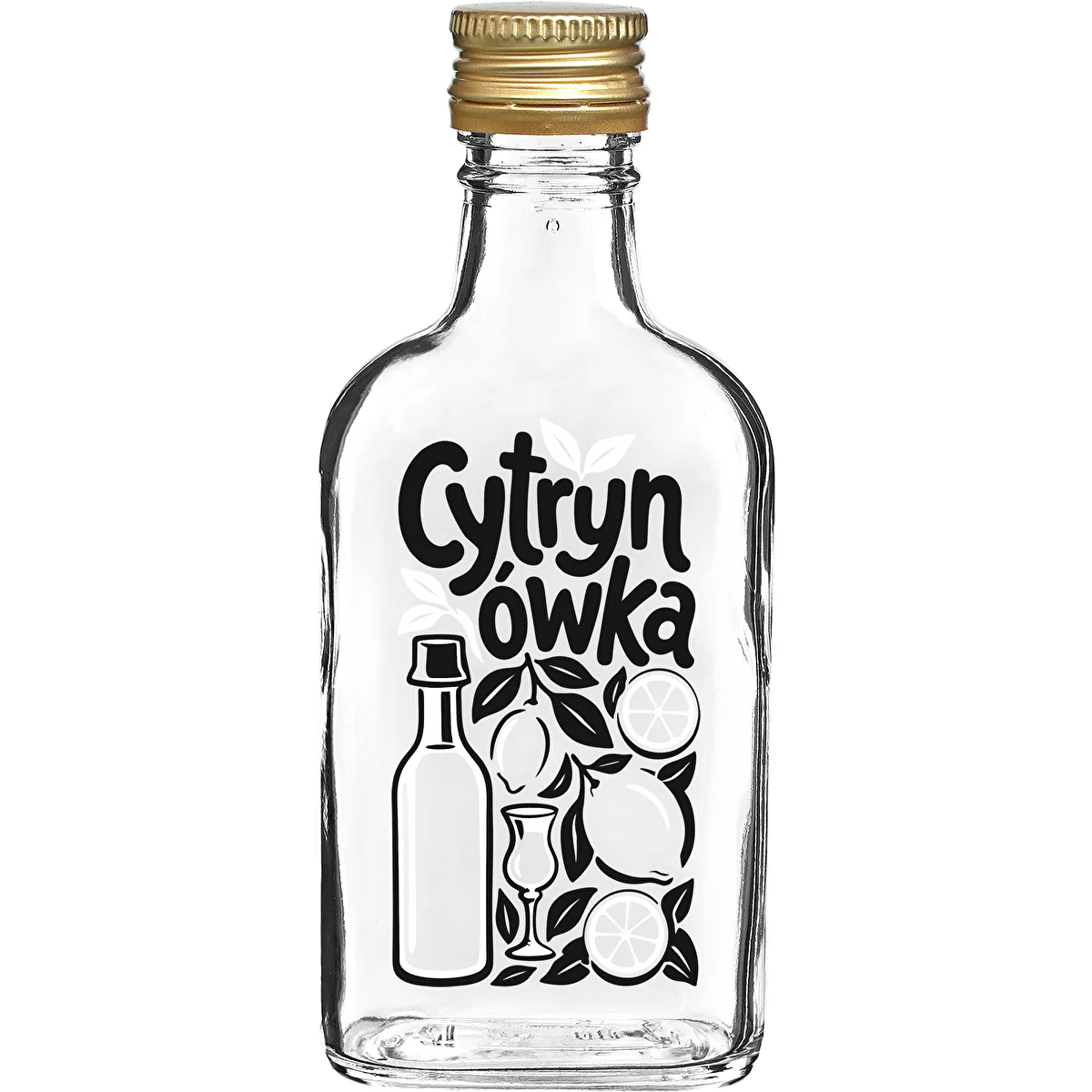 Plakanā pudele 200 ml ar skrūvējamu korķi un apdruku “Cytrynówka”, 1. variants