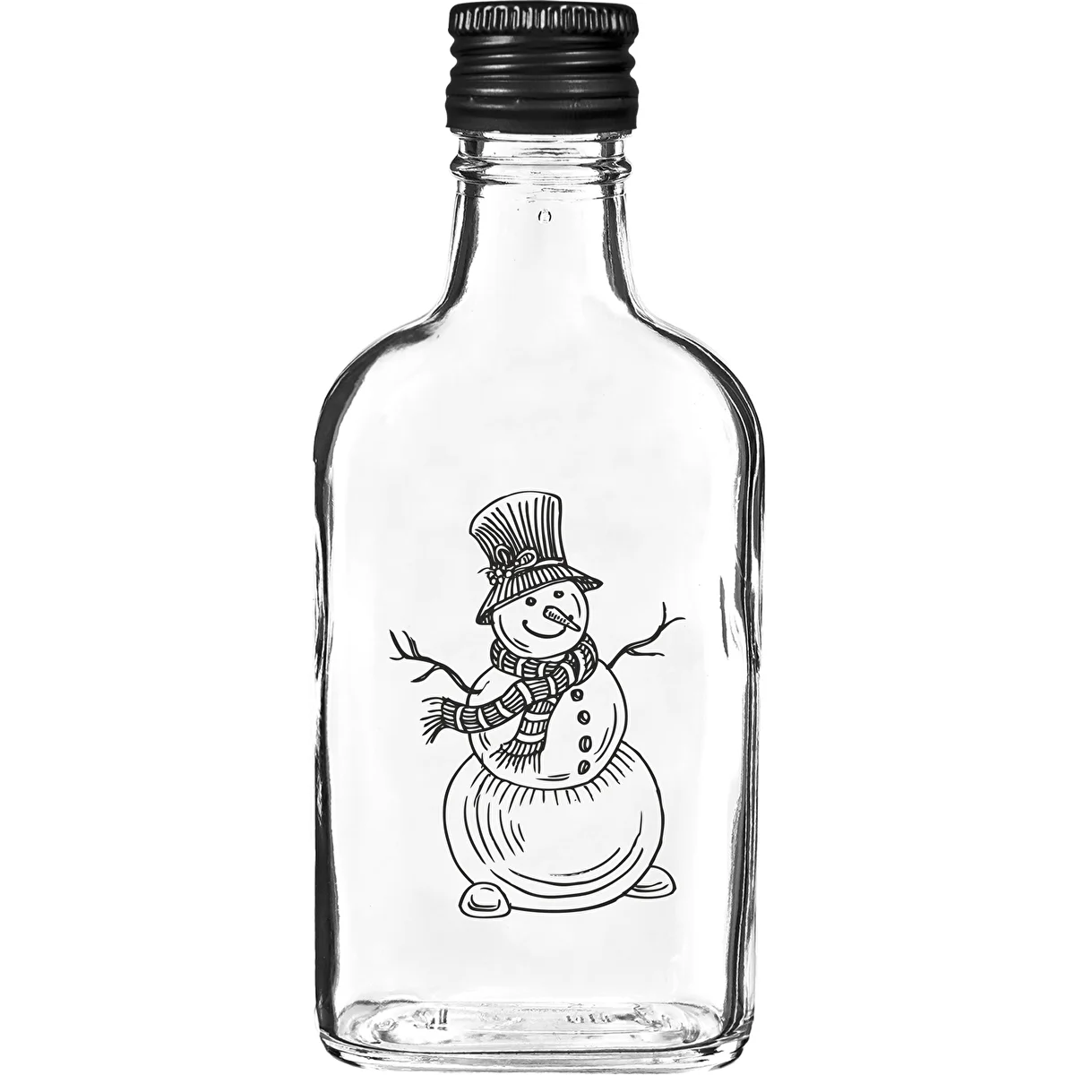 Plakanā stikla pudele 200 ml ar skrūvējamu korķi, apdruka „Sniegavīrs”, 1 gab.