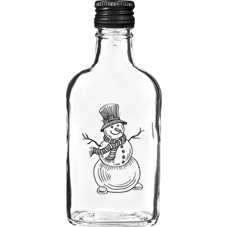 Plakanā stikla pudele 200 ml ar skrūvējamu korķi, apdruka „Sniegavīrs”, 1 gab.