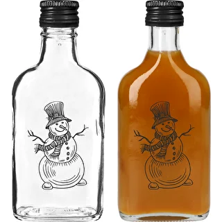 Plakanā stikla pudele 200 ml ar skrūvējamu korķi, apdruka „Sniegavīrs”, 1 gab. – photo 2