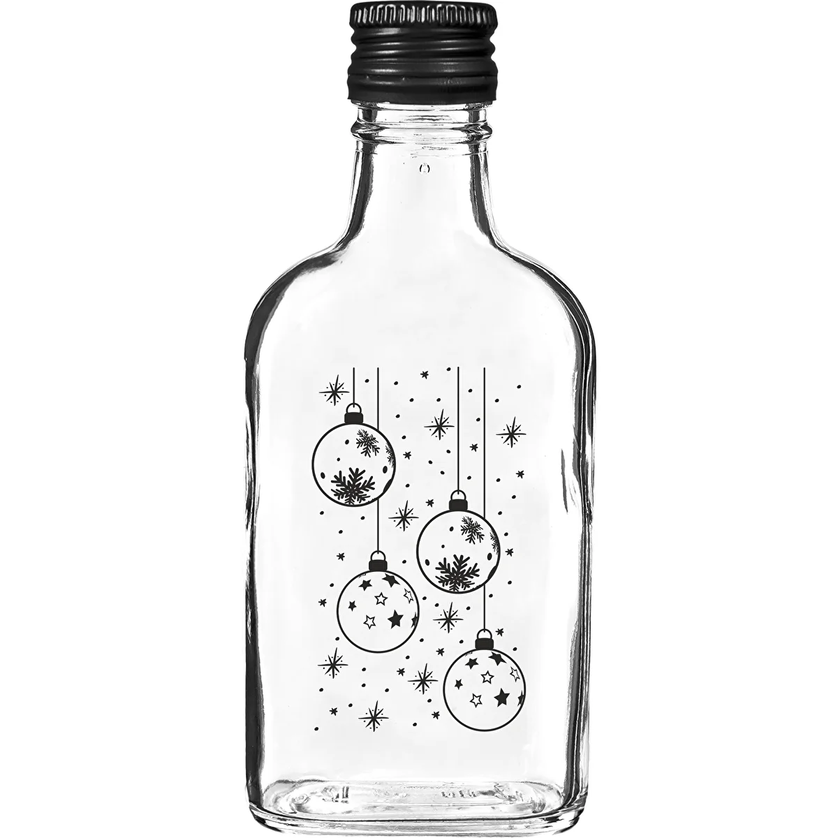Plakankrūkas tipa pudele 200 ml ar skrūvējamu vāciņu, apdruka „Eglīšu bumbiņas”, 1 gab.
