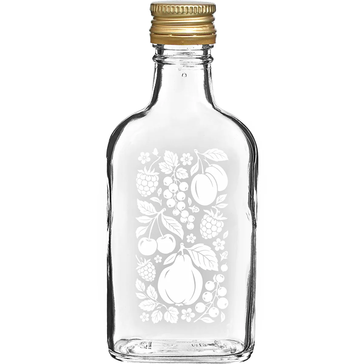 200 ml plakanā kabatas pudelīte ar skrūvējamu korķi un apdruku “Augļi”, dizains Nr. 2