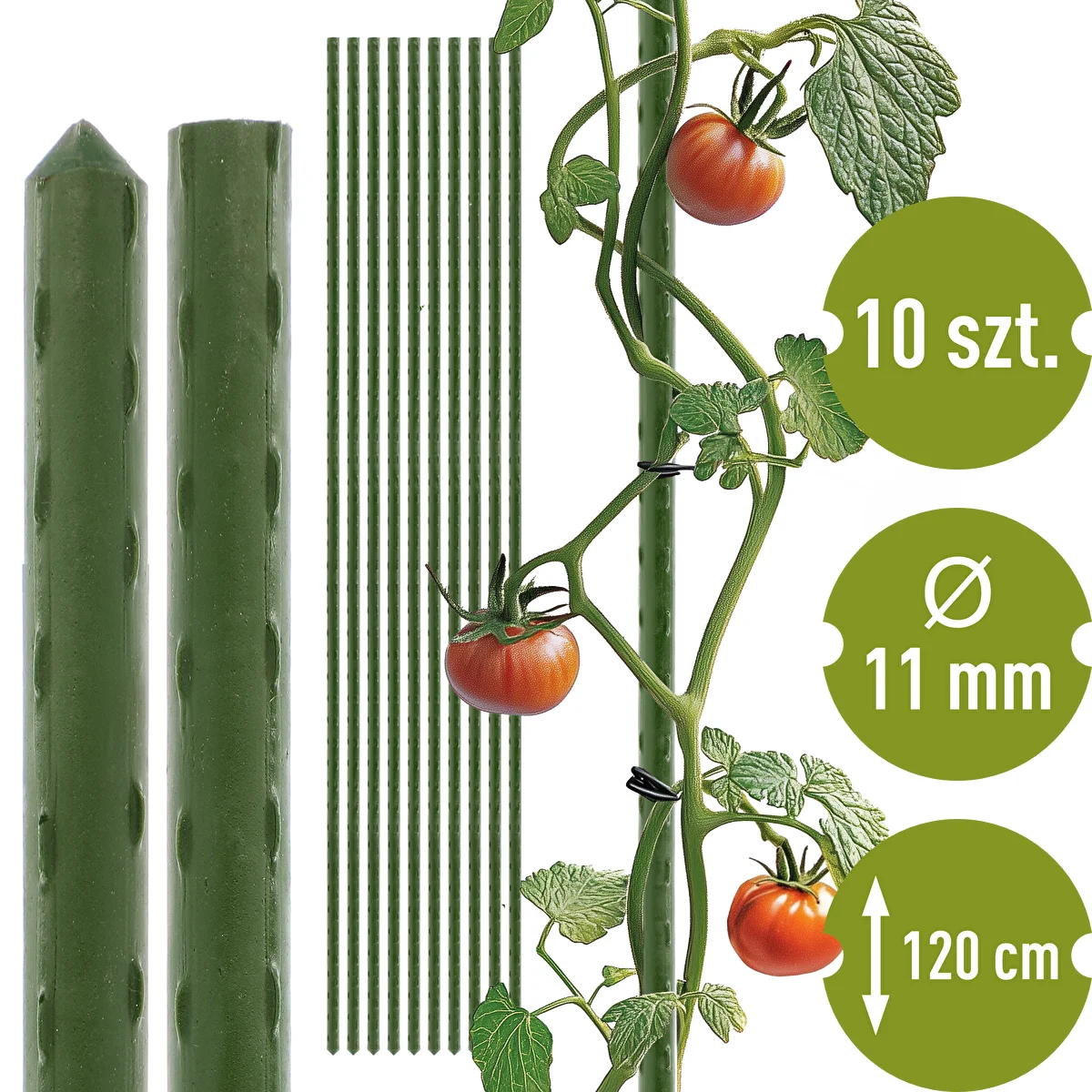 Bioogród dārza mietiņi – tērauda, ar pārklājumu, 1,2 m, Ø 11 mm, 10 gab.