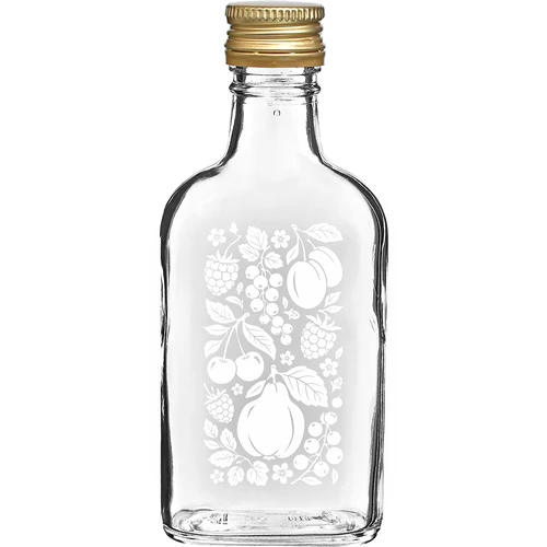 200 ml plakanā kabatas pudelīte ar skrūvējamu korķi un apdruku “Augļi”, dizains Nr. 2
