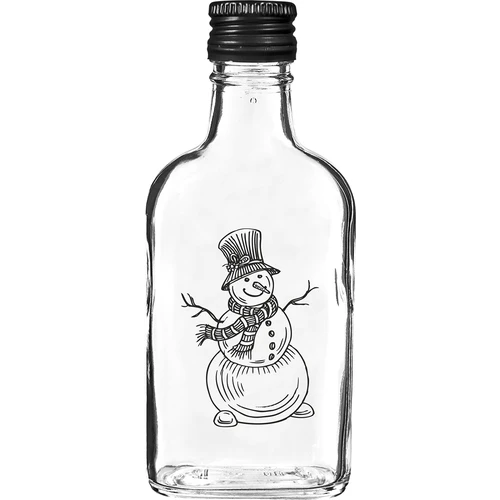 Plakanā stikla pudele 200 ml ar skrūvējamu korķi, apdruka „Sniegavīrs”, 1 gab.
