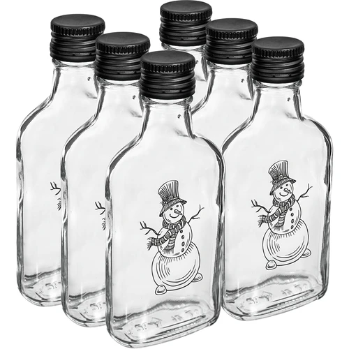 Plakanā stikla pudele 200 ml ar skrūvējamu korķi, apdruka „Sniegavīrs”, 1 gab. - 4