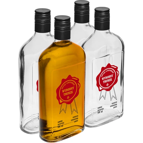 500 ml pudele ar skrūvējamu vāciņu un divkrāsu apdruku 'Wyborny Trunek' - 4 gab.