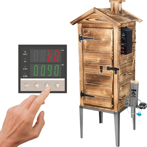 Dārza kūpinātava 200 L dragON Wood 100E — no apdedzināta koka, ar elektrisko sildmoduli un kontrolieri