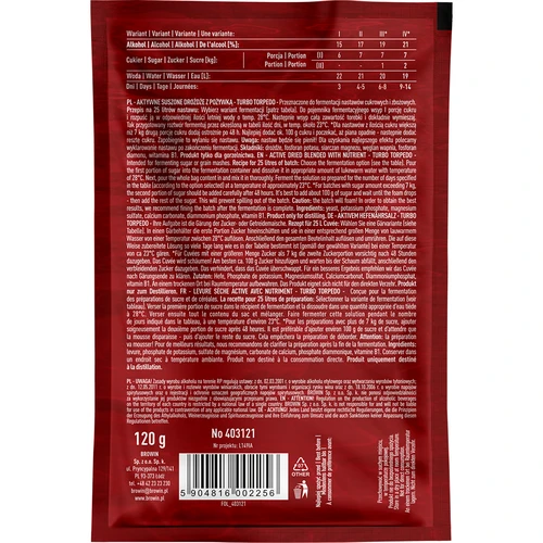 Destilācijas raugs Turbo Torpedo 72 h 21% - 120 g - 2