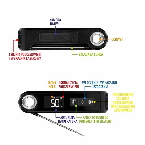 Infrasarkanais virtuves termometrs, kompakts, ar salokāmu zondi - 9