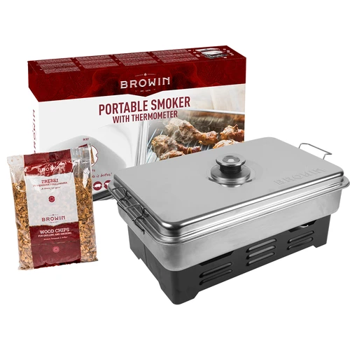 Pārnēsājama kūpinātava ar termometru un augļkoku šķeldām