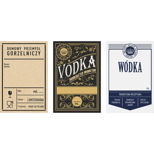 Pašlīmējošas etiķetes 60x90 mm pudelēm, degvīnam, 3 dizaini 20 gab.