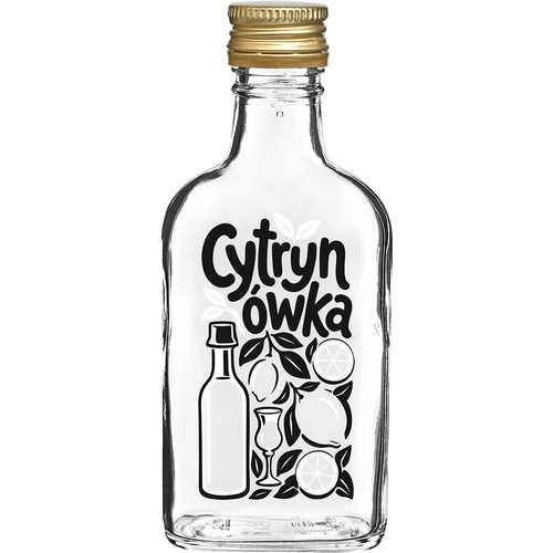 Plakanā pudele 200 ml ar skrūvējamu korķi un apdruku “Cytrynówka”, 1. variants