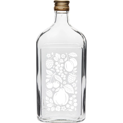 Plakana stikla pudele 500 ml ar skrūvējamu vāciņu un apdruku "Augļi", 2. variants