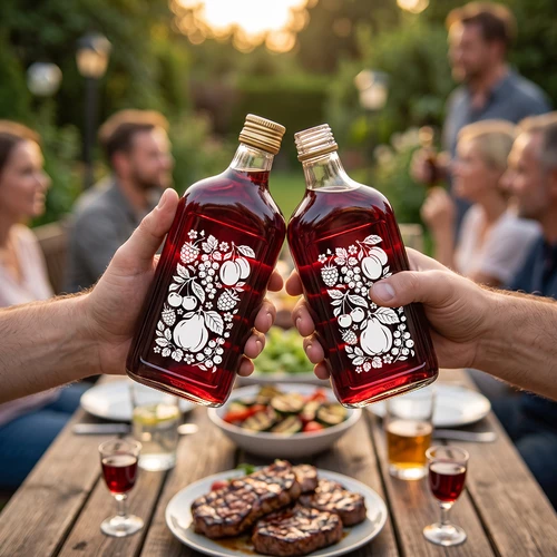 Plakana stikla pudele 500 ml ar skrūvējamu vāciņu un apdruku "Augļi", 2. variants - 7