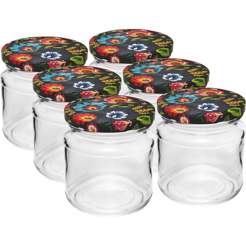 Stikla burciņa ar tilpumu 212 ml, ar krāsainiem vāciņiem ø 66.