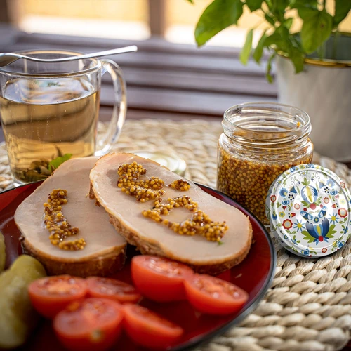 Stikla burciņa ar tilpumu 212 ml, ar krāsainiem vāciņiem ø 66. - 14