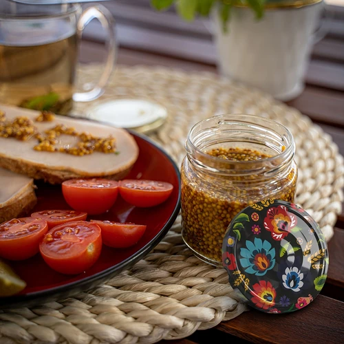 Stikla burciņa ar tilpumu 212 ml, ar krāsainiem vāciņiem ø 66. - 15