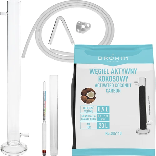 Stikla filtrēšanas kolonna komplektā ar spirtometru, silikona šļūteni un kokosriekstu aktivēto ogli