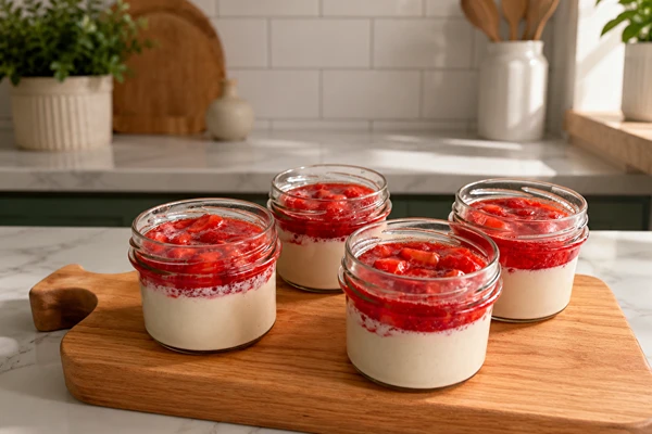 Vegāna panna cotta ar zemenēm